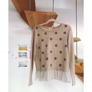 Taupe Beaded Polkadot Sweater with Ruffle Hem